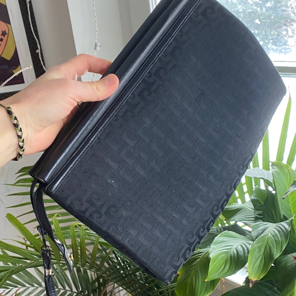 Vintage Pierre Cardin logo monogram black canvas leathwr trim clutch bag